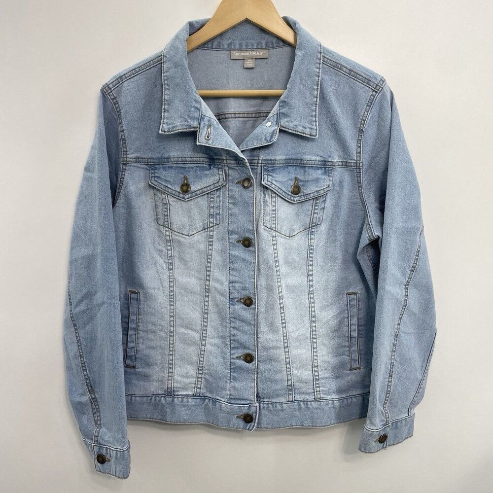 Woman Within Denim Jean Jacket Trucker Western Stretch Distressed Blue Women 16W